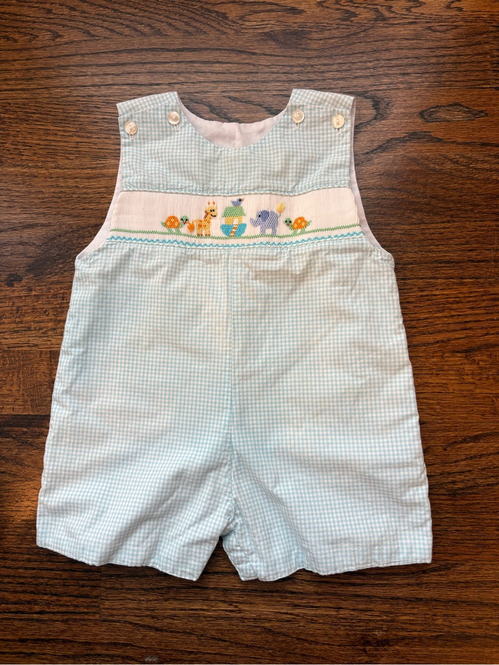 Petit Bebe Light Blue Gingham Smocked Baby Romper with Animal Embroidery 6 month
